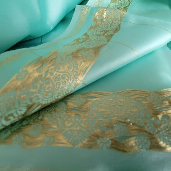 Seafoam Green Silk & Gold Banarasi Saree Sari 2 Pcs NEW 44W x 184L - Picture 13 of 16